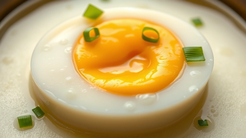detail: close-up cross-section of perfectly steamed water egg showing silky custard texture, photorealistic, warm natural lighting, garnished with scallions and cilantro, no text