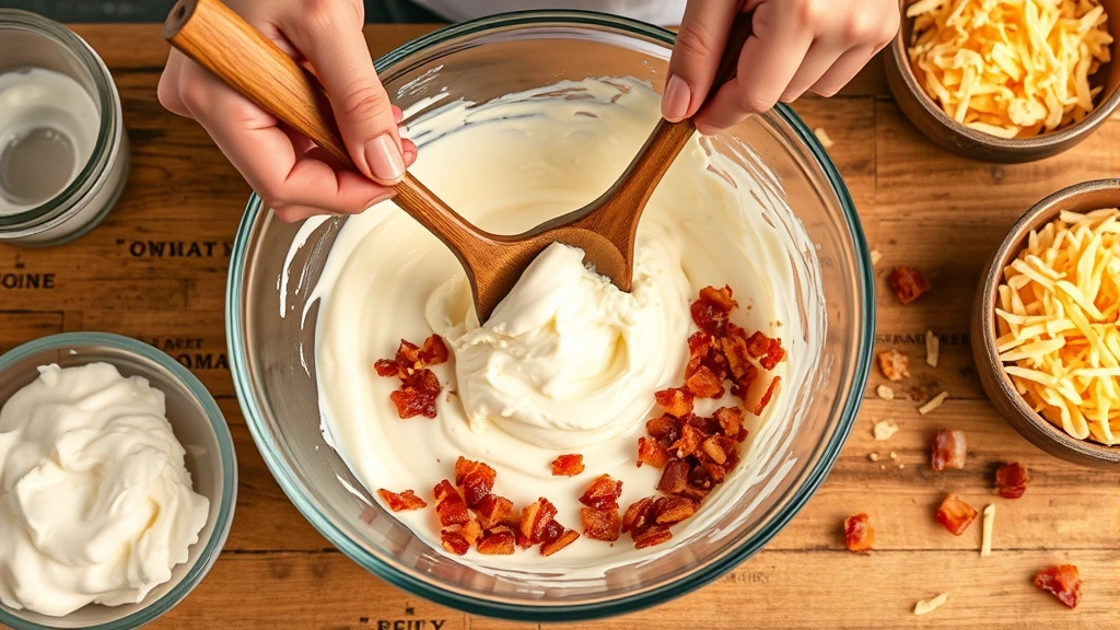 process: hands mixing cream cheese and sour cream in a large glass bowl with a wooden spoon, bacon pieces and shredded cheese visible nearby, photorealistic, warm kitchen lighting, no text