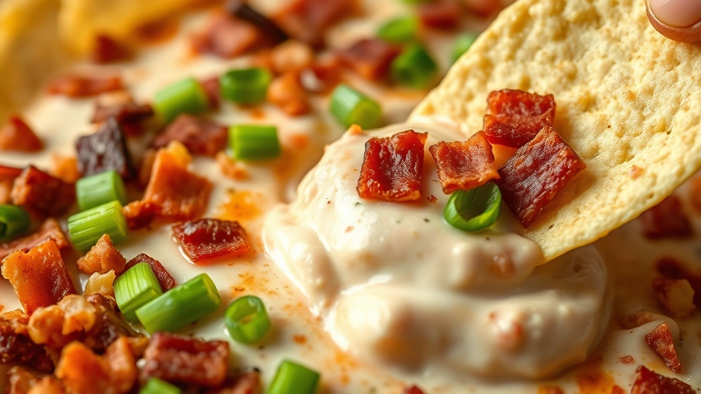 detail: close-up of finished chip dip showing layers of texture with bacon pieces, fresh green onions, crispy fried onions, and creamy base with a tortilla chip dipping into it, photorealistic, natural light, shallow depth of field, no text