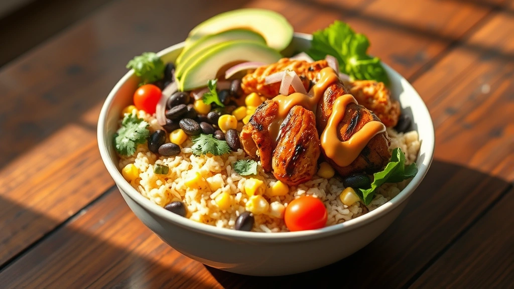 hero: a vibrant chipotle burrito bowl with cilantro-lime rice, charred chicken, black beans, corn, avocado, red onion, cherry tomatoes, and creamy chipotle drizzle, photorealistic, natural sunlight from side, wooden table background, no text