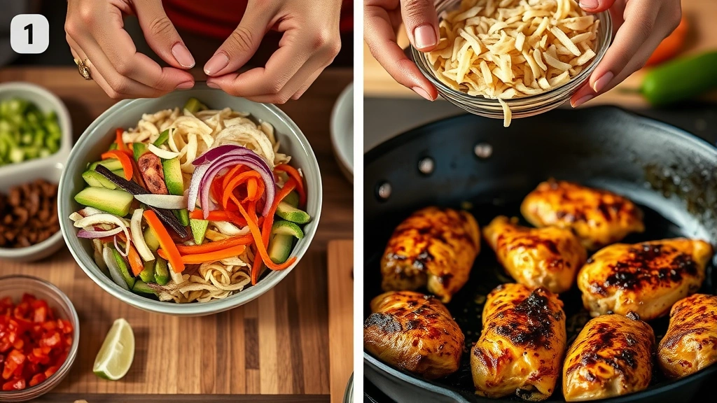 process: hands assembling burrito bowl components, chicken being cooked in cast iron skillet with charred edges, photorealistic, warm kitchen lighting, no text