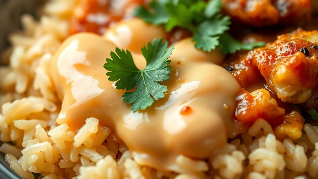 detail: close-up of chipotle-lime crema drizzle over warm rice and protein, fresh cilantro garnish visible, photorealistic, macro photography, natural light, no text