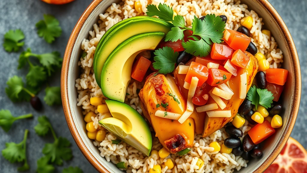 hero: colorful chipotle chicken bowl with cilantro lime rice, black beans, corn, avocado, pico de gallo, melted cheese, and fresh cilantro, photorealistic, natural bright lighting, overhead flat lay composition, no text, vibrant colors