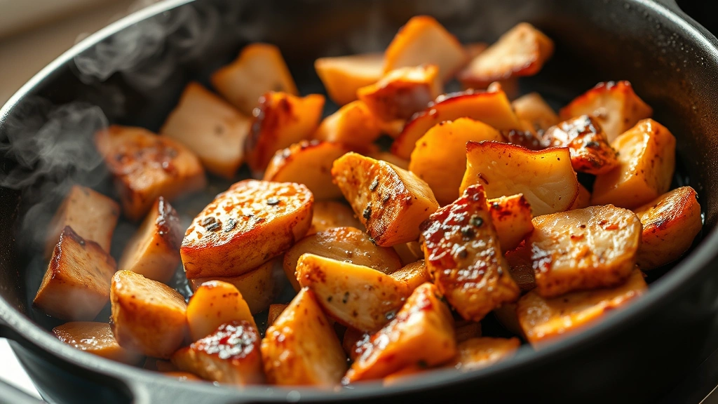 process: sliced chipotle chicken strips sizzling in cast iron skillet with charred edges, steam rising, photorealistic, warm natural light, close side angle, no text