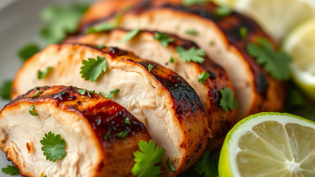 detail: close-up macro shot of perfectly sliced chipotle chicken showing smoky char and tender interior, garnished with cilantro and lime, photorealistic, natural soft lighting, no text