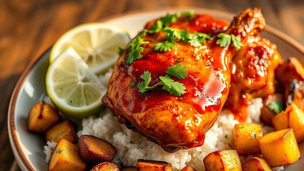 hero: plated chipotle honey chicken thighs with crispy skin glazed with honey-chipotle sauce, garnished with fresh cilantro and lime wedges, served over white rice with roasted vegetables, photorealistic, natural golden hour lighting, no text