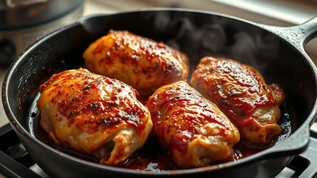 process: golden-brown chicken thighs searing skin-side down in cast iron skillet with bubbling chipotle-honey marinade, smoke rising, photorealistic, bright kitchen lighting, no text