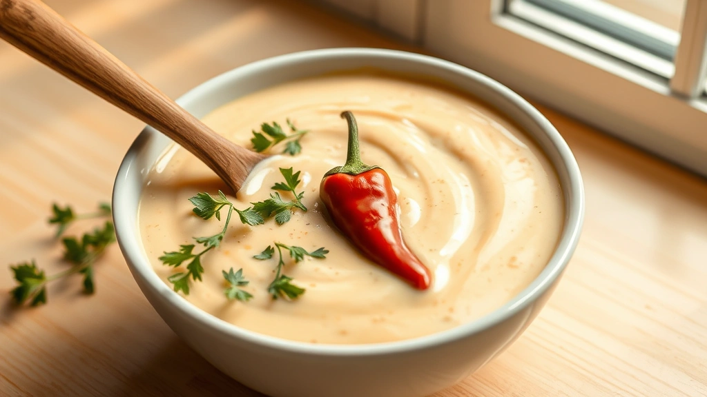 hero: creamy chipotle ranch dressing in a white ceramic bowl, garnished with fresh herbs and a single chipotle pepper, wooden spoon resting in the bowl, warm natural window light, pale wooden table background