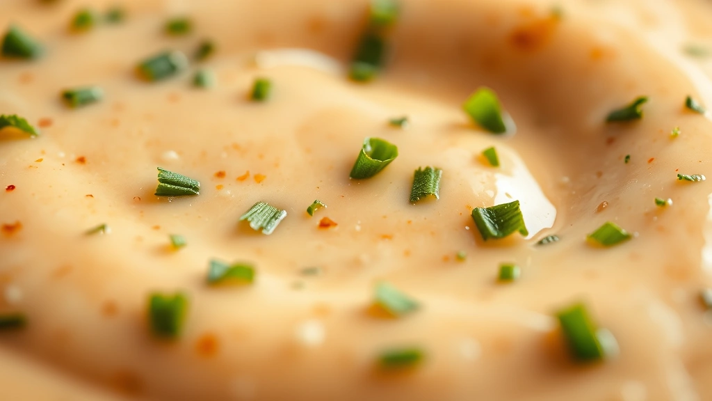 detail: close-up macro shot of chipotle ranch dressing texture showing creamy consistency with flecks of fresh parsley and chives, shallow depth of field, warm natural lighting