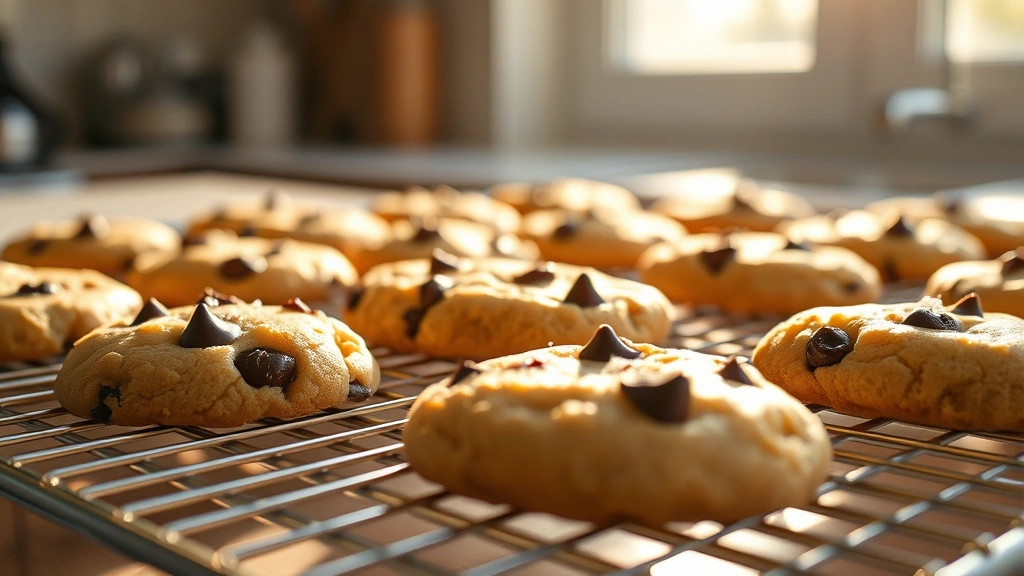 hero: golden-brown chocolate chip cookies cooling on wire rack, warm afternoon sunlight streaming through kitchen window, soft shadows, some cookies showing dark glossy chocolate chunks, flaky sea salt visible on tops, cozy homey aesthetic, shallow depth of field
