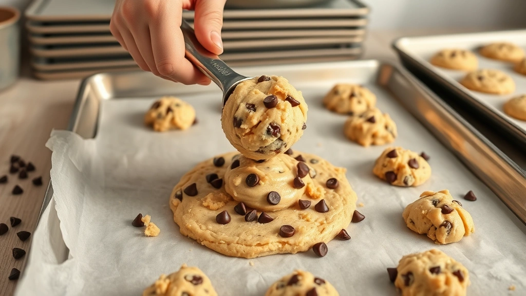 process: hands with cookie scoop portioning dough onto parchment-lined baking sheet, warm lighting illuminating creamy dough, chocolate chips visible throughout, baking sheets stacked in background, natural kitchen counter setting