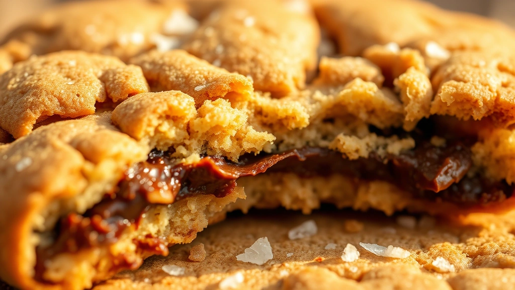 detail: close-up macro shot of single cookie broken in half showing chewy interior and melted chocolate, golden-brown edges contrasting with lighter center, flaky sea salt crystals visible on surface, warm golden hour lighting
