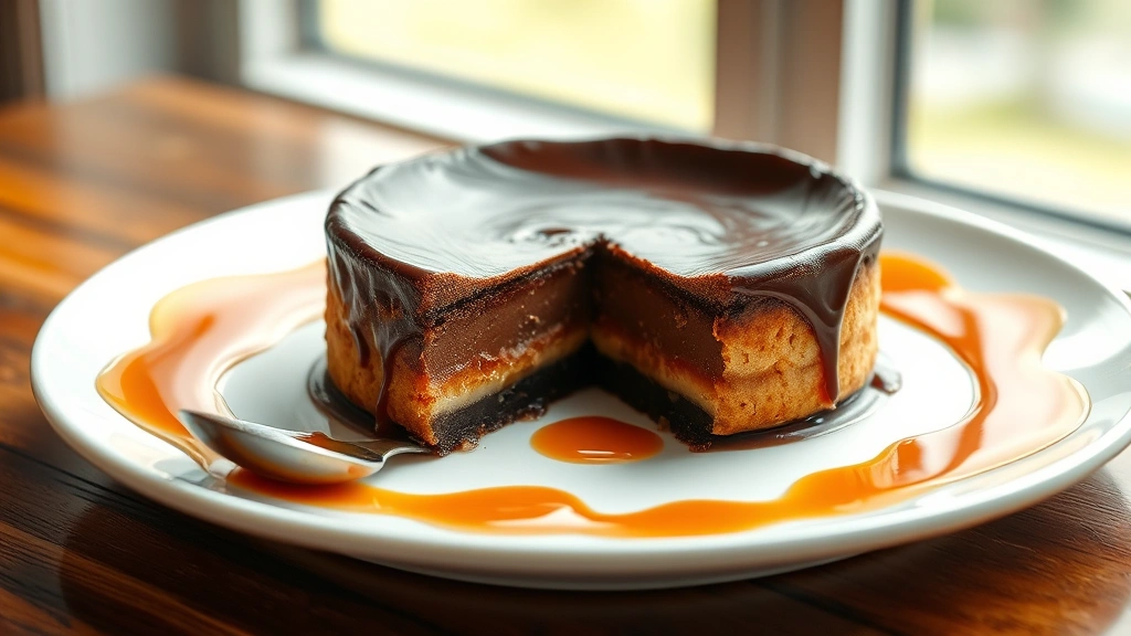 hero: perfectly inverted chocoflan on white plate with glossy caramel cascading down sides, slice removed showing layers, photorealistic, natural window light, no text, elegant presentation