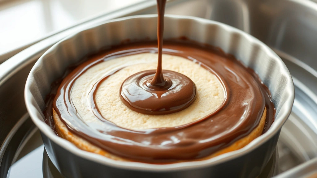process: pouring smooth chocolate batter over flan layer in cake pan, water bath visible, photorealistic, natural light, no text