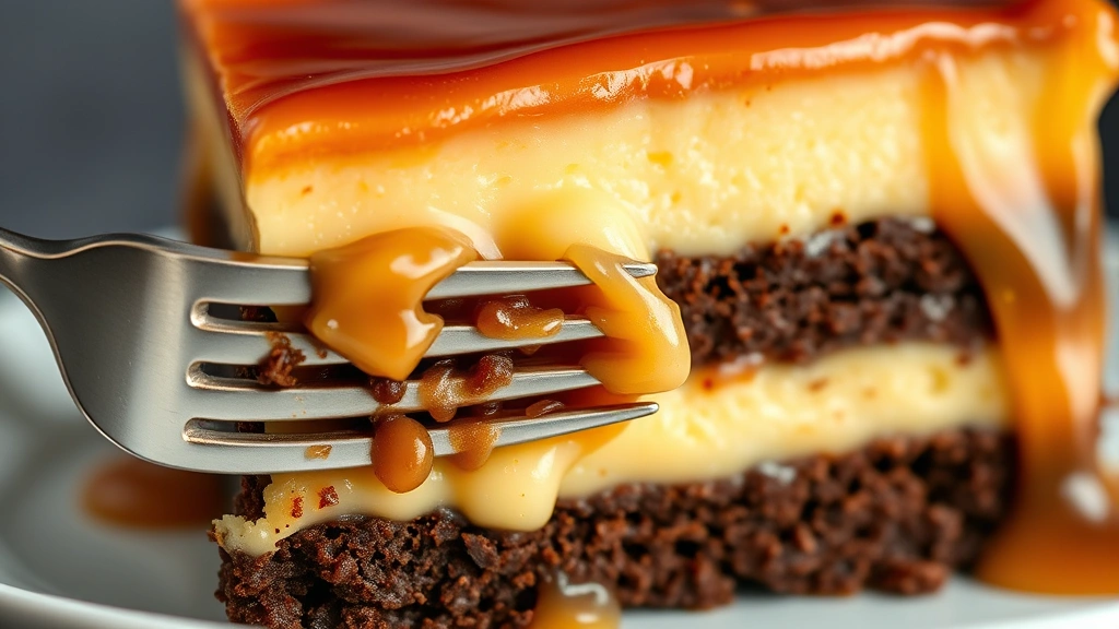detail: close-up cross-section of chocoflan showing creamy flan layer, moist chocolate cake, and glossy caramel, fork cutting into dessert, photorealistic, natural light, no text