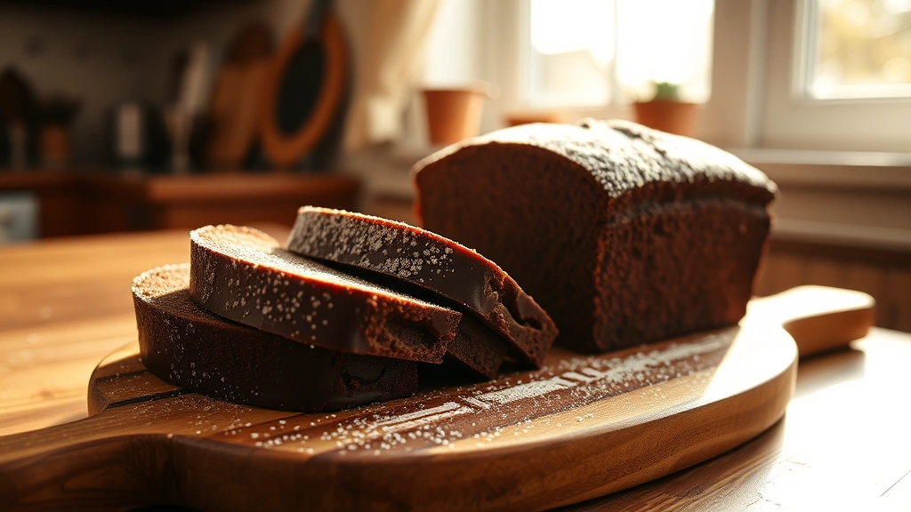 hero: sliced chocolate bread loaf on wooden board, powdered sugar dusting, warm afternoon sunlight streaming through window, cozy kitchen setting, photorealistic, natural light, no text