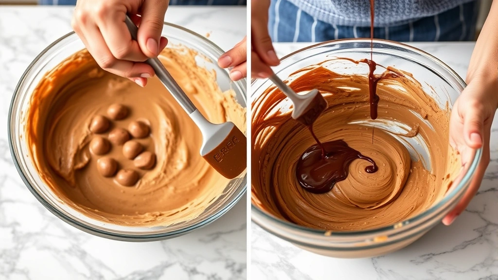 process: hands folding chocolate batter with spatula in mixing bowl, chocolate dripping, mixing bowl on marble countertop, photorealistic, natural light, no text