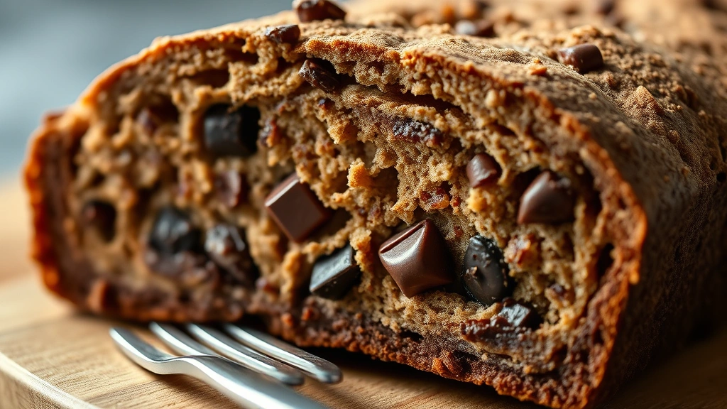 detail: close-up cross-section of chocolate bread slice showing tender crumb structure and chocolate pieces, fork beside slice, photorealistic macro photography, natural light, no text