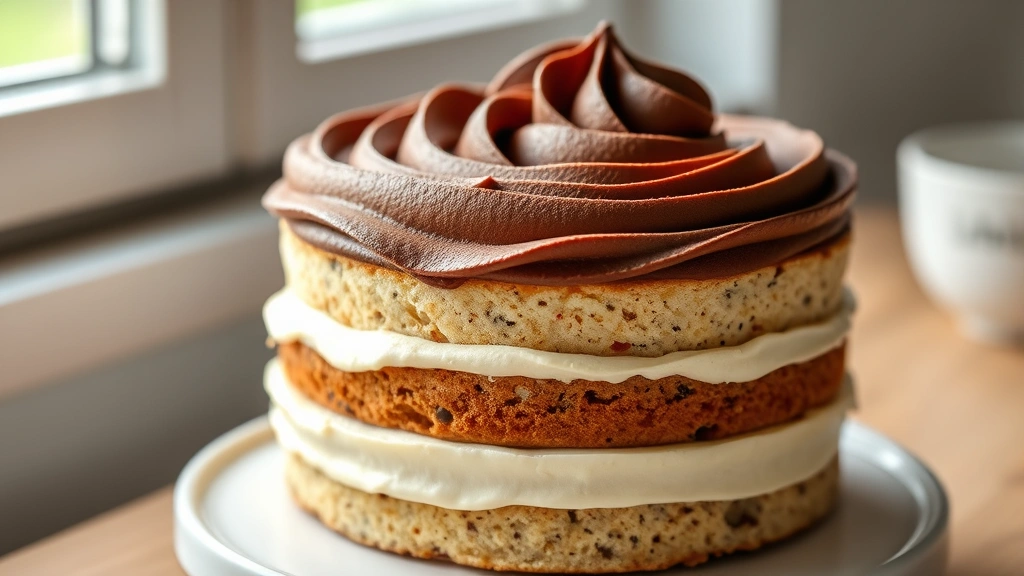 hero: chocolate brownie frosting swirled on a vanilla layer cake, rich dark chocolate color, creamy texture, natural window light, no text, professional food photography