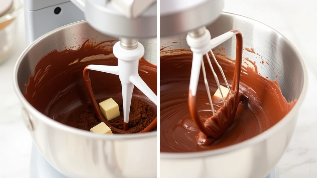 process: electric mixer beating chocolate frosting in a stainless steel bowl, cocoa powder visible, butter and chocolate being combined, natural kitchen light, no text