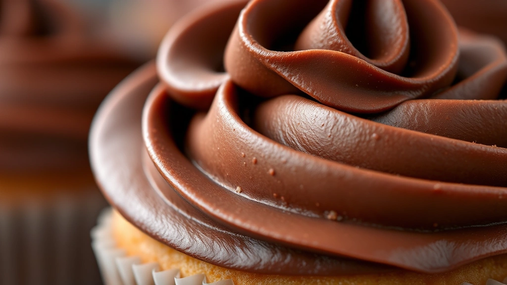 detail: close-up of chocolate frosting frosted onto a cupcake with decorative swirl, rich dark brown color, creamy texture detail, shallow depth of field, natural light, no text