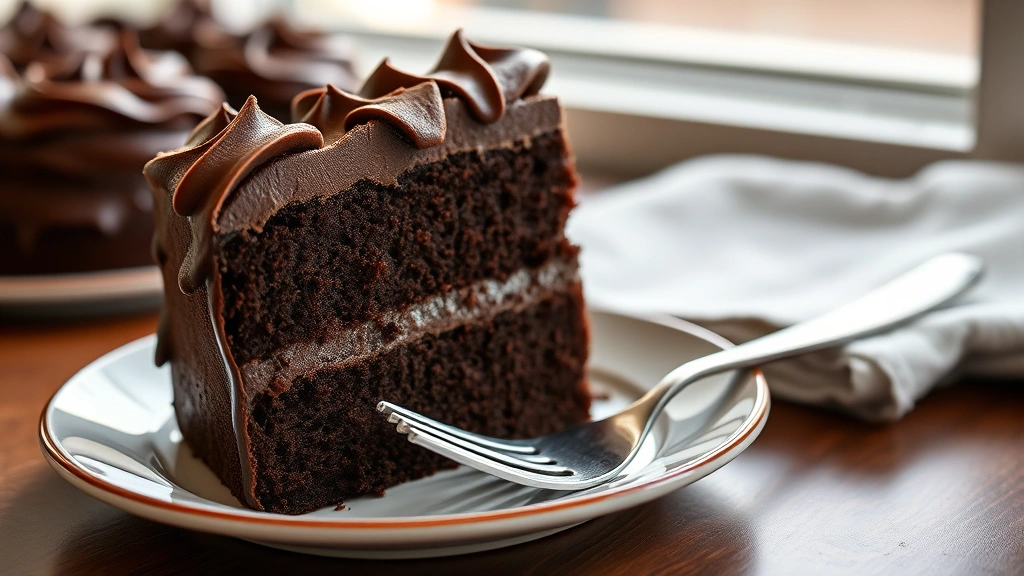 hero: slice of rich chocolate layer cake with chocolate frosting, fork resting on plate, photorealistic, warm natural window light, no text, professional food photography