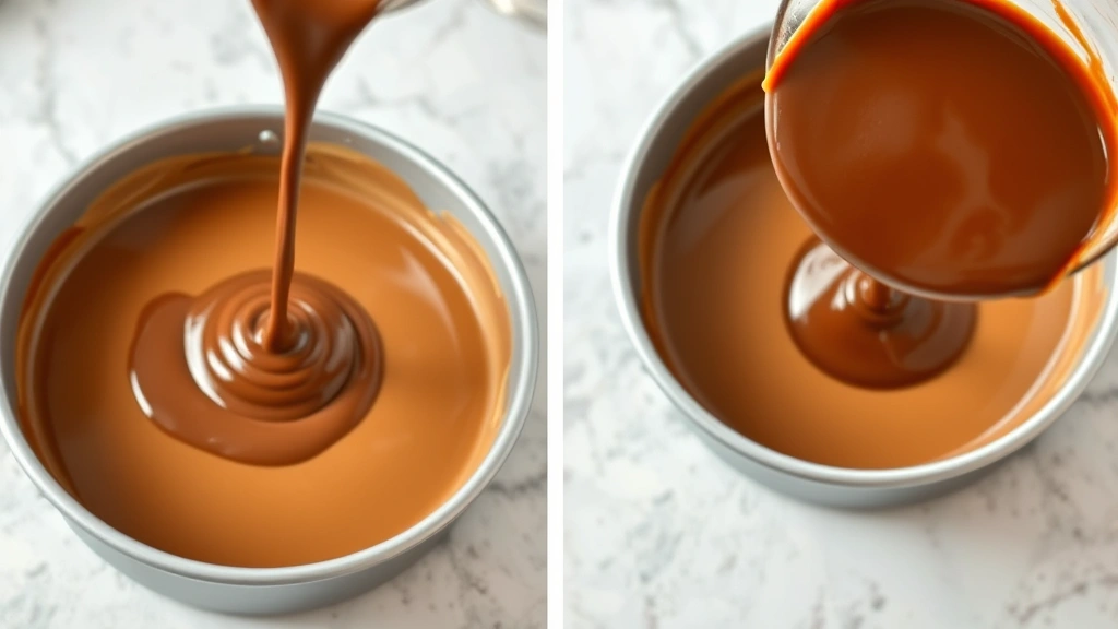 process: pouring thin chocolate batter into round cake pan, golden cocoa-colored batter, photorealistic, bright kitchen counter lighting, no text