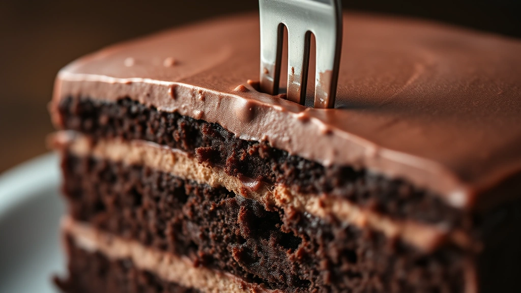 detail: close-up cross-section of chocolate cake showing moist crumb texture and frosting layers, fork piercing through, photorealistic, soft natural light, no text