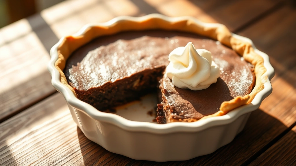 hero: chocolate chess pie in white ceramic dish, slice removed showing creamy fudgy filling, topped with whipped cream, warm afternoon sunlight streaming across rustic wooden table, shallow depth of field, food photography style