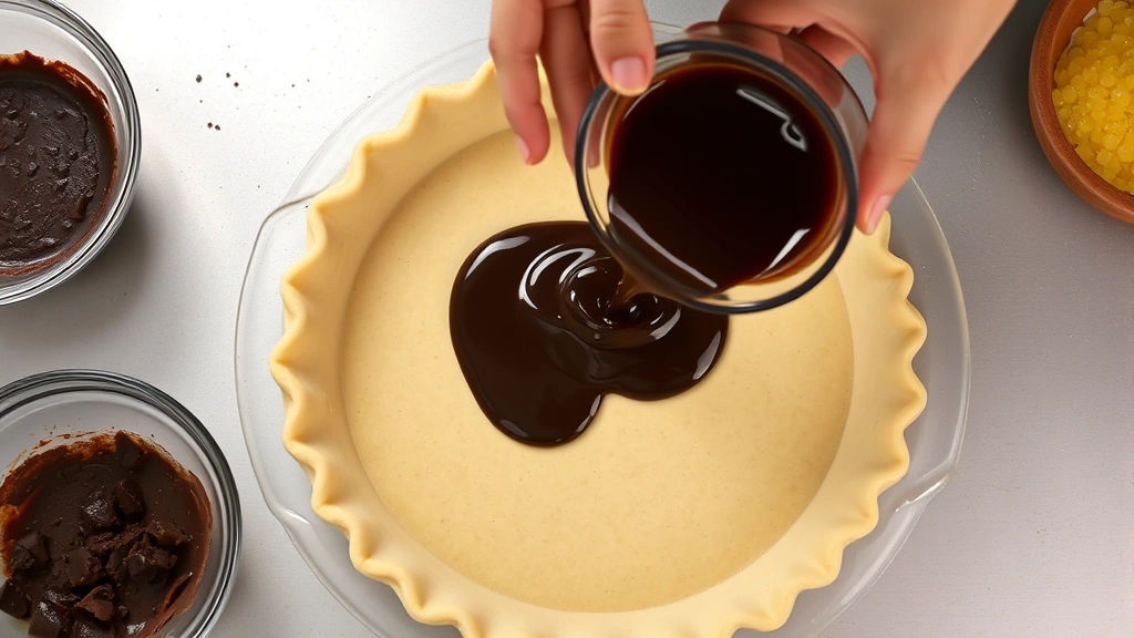 process: hands pouring dark chocolate filling into unbaked pie crust, melted chocolate and butter mixture visible, professional kitchen lighting, overhead shot, dynamic action