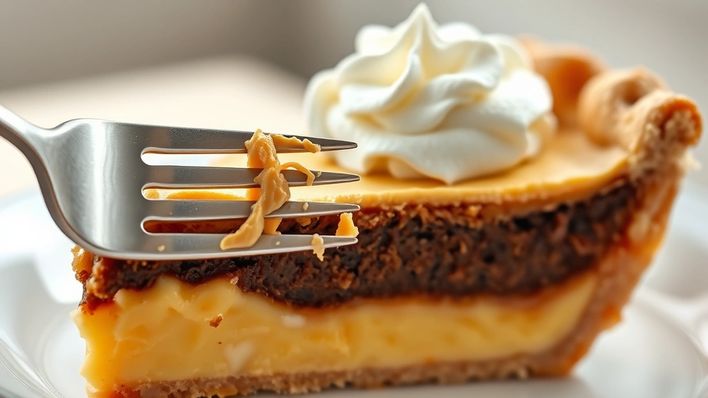 detail: close-up of pie slice showing layered texture from custardy bottom to fudgy top, whipped cream dollop, fork ready to take bite, natural window light, macro photography