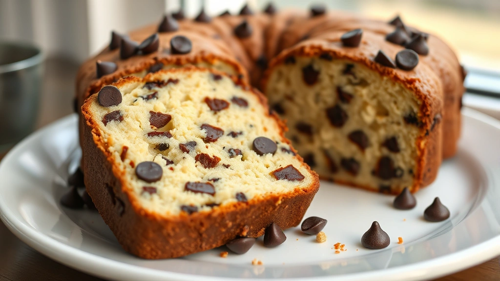 hero: sliced chocolate chip cake on white plate, showing moist interior with chocolate chips throughout, photorealistic, natural window light, no text