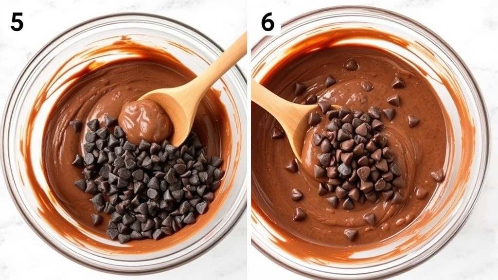 process: mixing chocolate batter in glass bowl with wooden spoon, folding in chocolate chips, photorealistic, bright kitchen light, no text