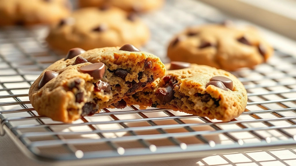 hero: golden brown chocolate chip cookies cooling on wire rack, one cookie broken in half showing melted chocolate inside, warm natural afternoon light streaming across surface, shallow depth of field, no text or watermarks
