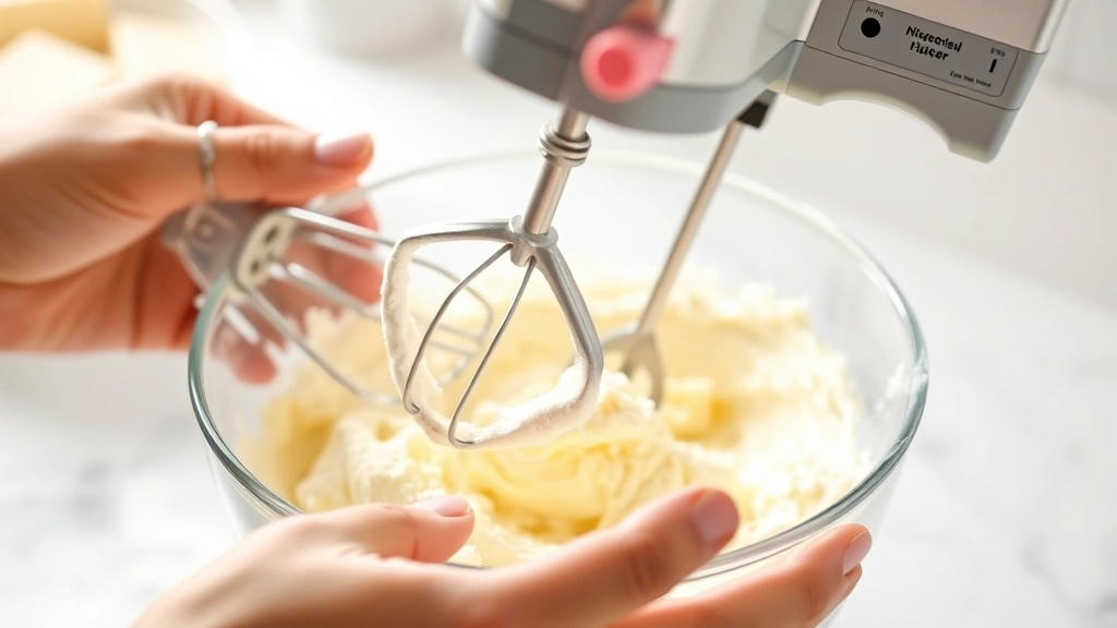 process: hands using electric mixer to cream butter and sugar together, mixture light and fluffy, close-up side angle, bright natural kitchen light, no text