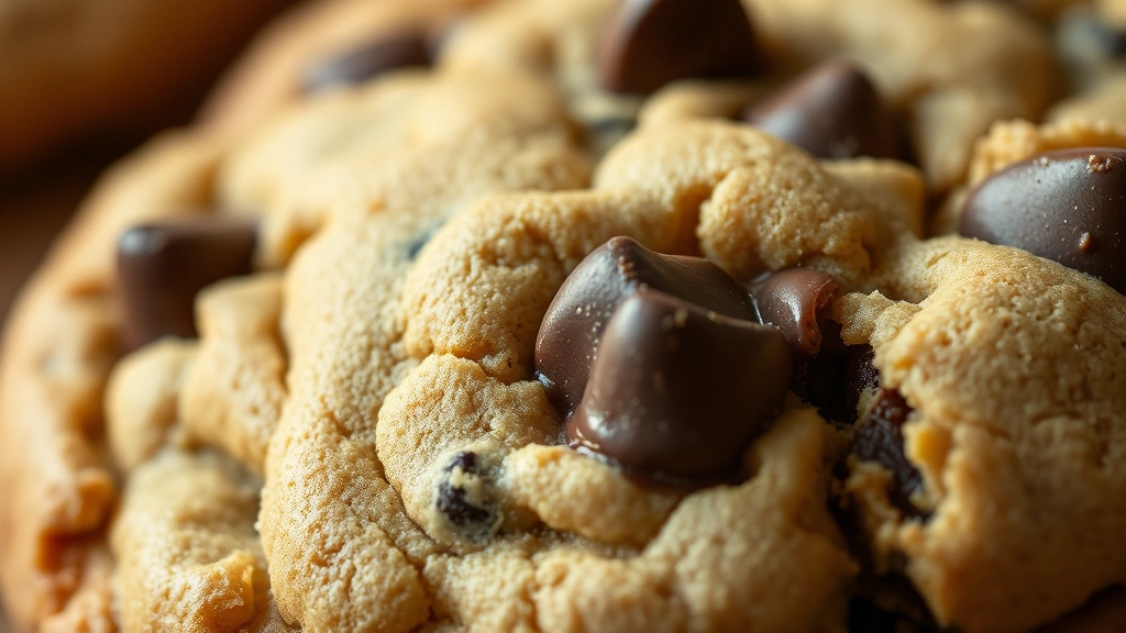 detail: extreme close-up of single cookie showing chocolate chip melted throughout and texture contrast between crispy edge and chewy center, warm golden hour lighting, no text