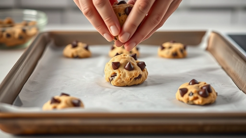 process: hands dropping cookie dough onto parchment-lined baking sheet with chocolate chips folded in, bright kitchen lighting, shallow depth of field, no text