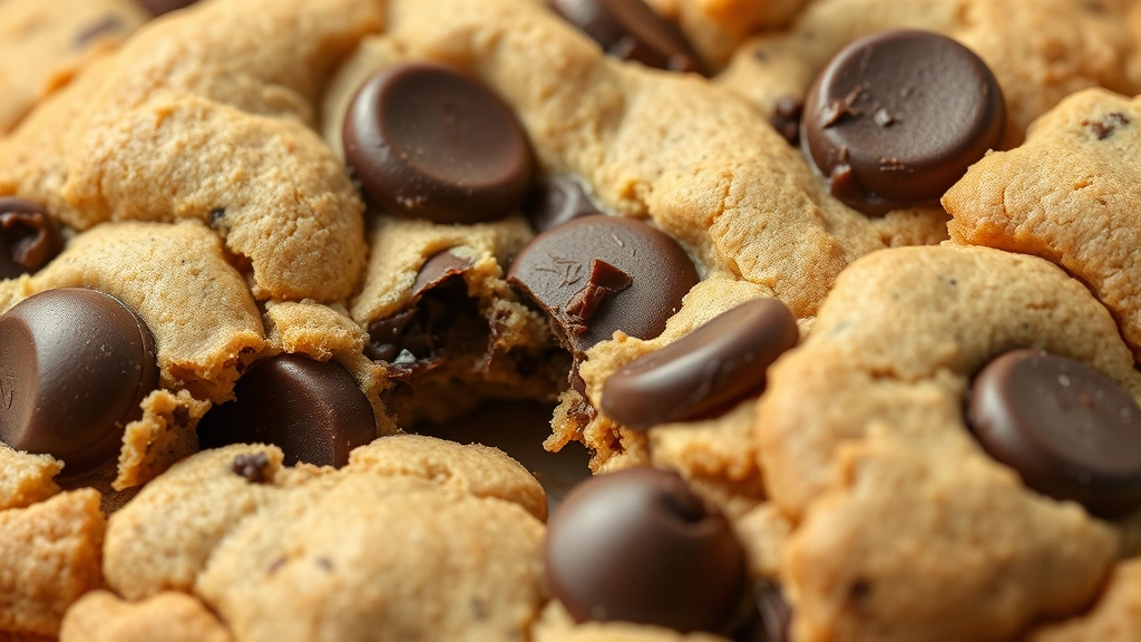 detail: close-up macro shot of a single broken chocolate chip cookie showing chewy center and crispy edges, melted chocolate chips stretching, natural daylight, no text