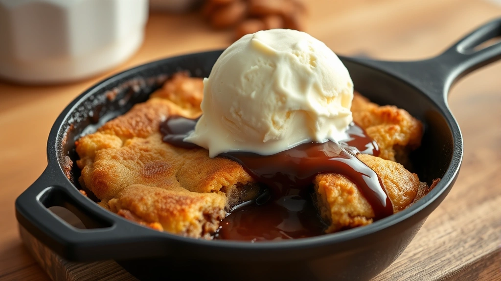 hero: chocolate cobbler in cast iron skillet with vanilla ice cream melting on top, warm chocolate sauce visible, steam rising, photorealistic, natural warm kitchen lighting, no text