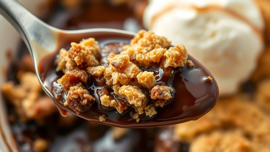 detail: close-up spoonful of chocolate cobbler showing cake crumb texture and glossy chocolate sauce, vanilla ice cream scoop nearby, photorealistic, natural light, no text