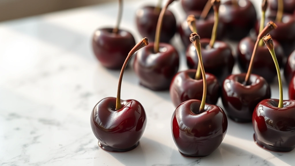 hero: gourmet chocolate-covered cherries with stems on white marble surface, dark glossy chocolate coating, jewel-like appearance, photorealistic, natural soft window light, no text, shallow depth of field