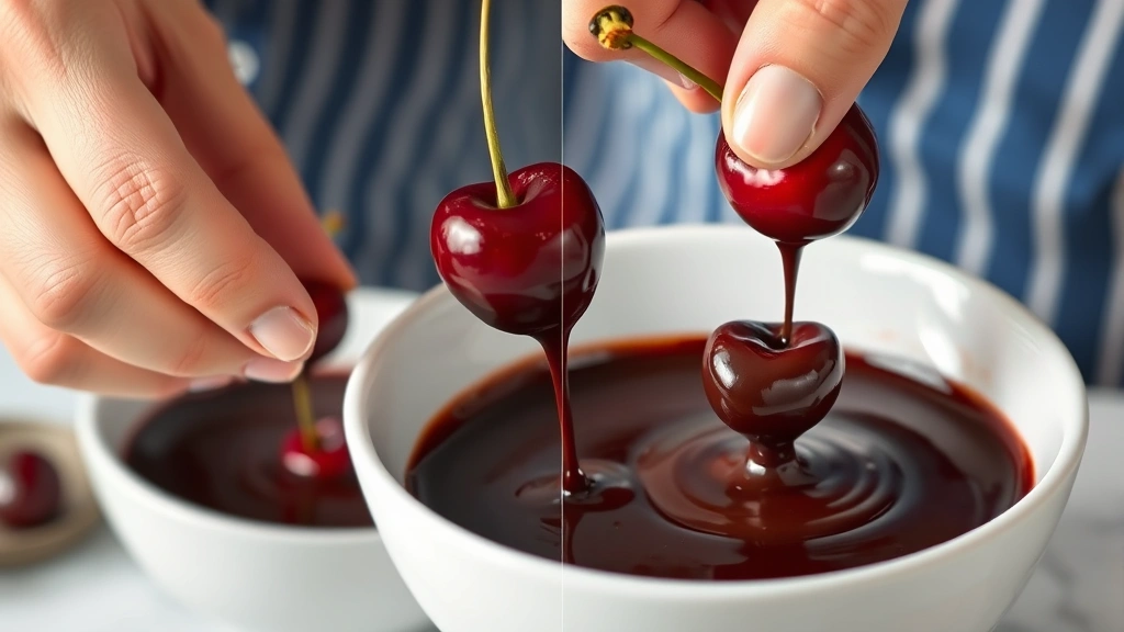 process: hands dipping fresh cherry into melted dark chocolate in white bowl, chocolate coating visible, cherry being removed from bowl, photorealistic, natural kitchen lighting, no text