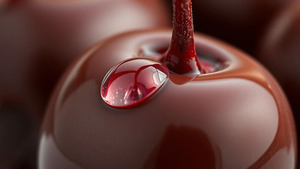 detail: close-up of single chocolate-covered cherry with water droplet, glossy chocolate shell, red cherry visible beneath transparent chocolate, stem in focus, photorealistic, macro photography, natural light, no text