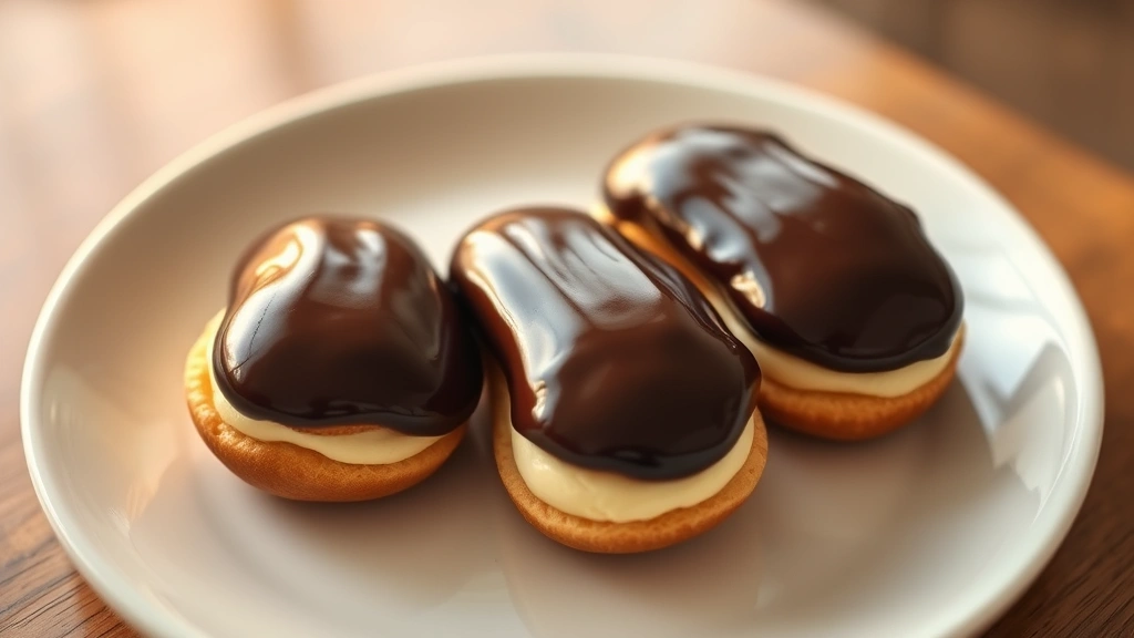 hero: three chocolate éclairs arranged on white plate, glossy dark chocolate ganache coating, pastry cream visible from side, warm golden light from left, elegant plating, shallow depth of field, no text