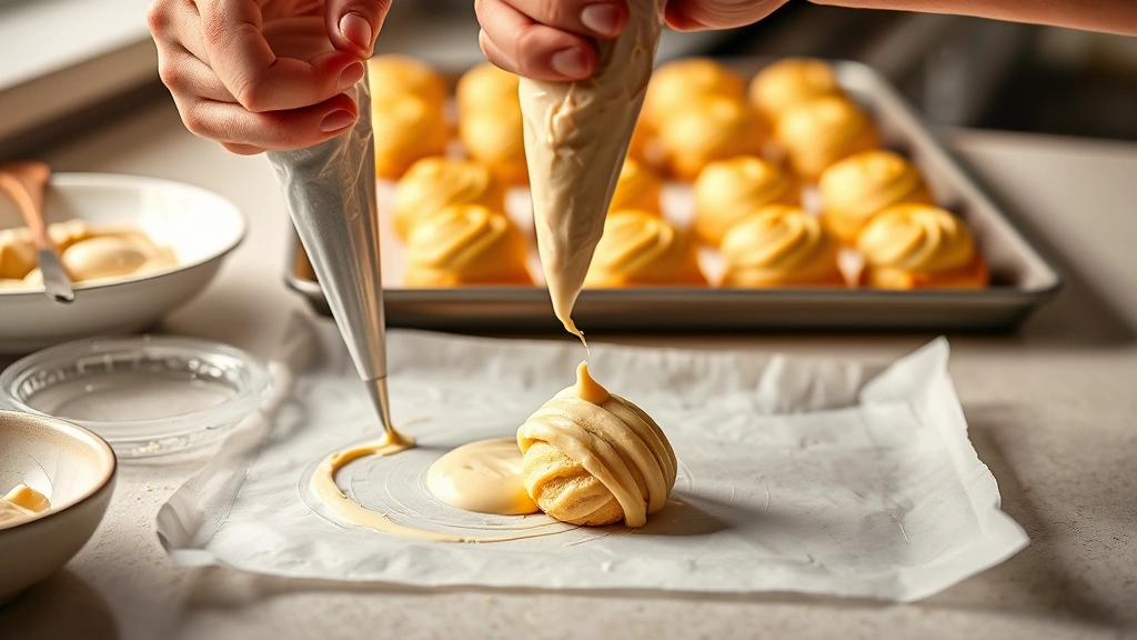 process: hands piping choux pastry onto parchment paper with piping bag, golden baked éclairs in background, bright kitchen counter, action shot, professional lighting, no text
