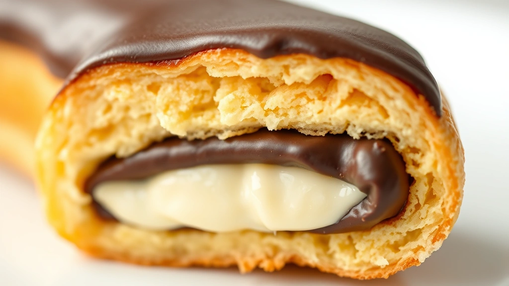 detail: close-up cross-section of chocolate éclair showing layers of pastry, vanilla cream filling, and chocolate ganache, macro photography, natural diffused light, creamy texture visible, no text