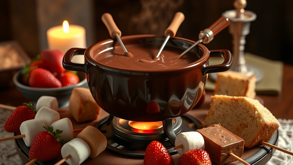 hero: chocolate fondue in a traditional fondue pot with fresh strawberries, marshmallows, and pound cake arranged on wooden skewers around it, warm candlelight, creamy melted chocolate, photorealistic, natural light, no text