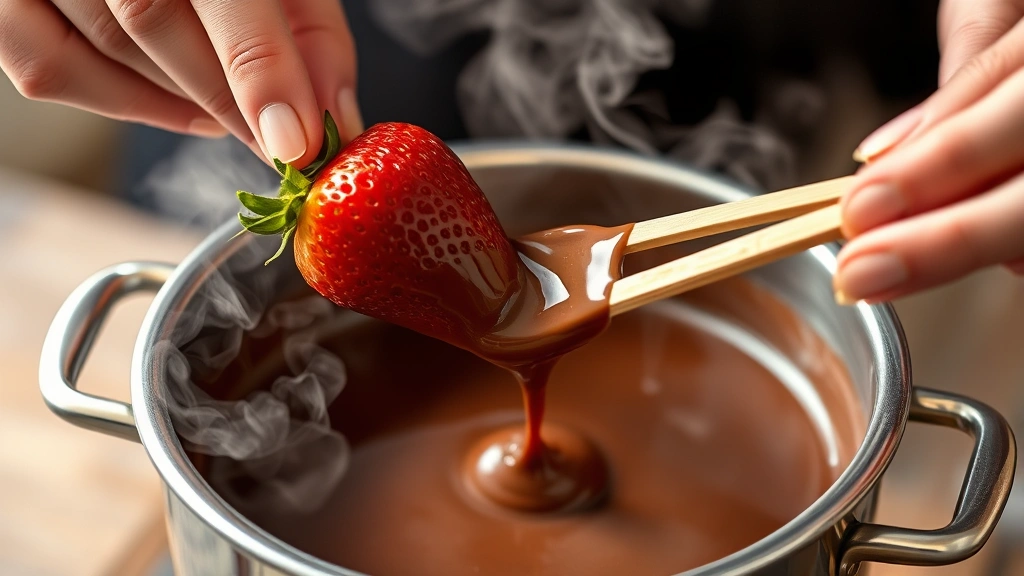 process: hands dipping a strawberry into warm melted chocolate in a fondue pot, steam rising, golden-brown chocolate coating the fruit, wooden fondue fork in focus, photorealistic, natural light, no text