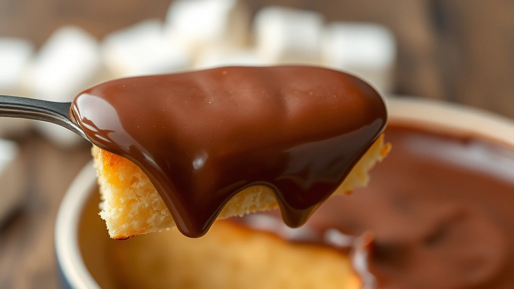 detail: close-up of silky smooth chocolate coating a piece of pound cake on a fondue fork, rich chocolate texture, marshmallows blurred in background, photorealistic, natural light, no text