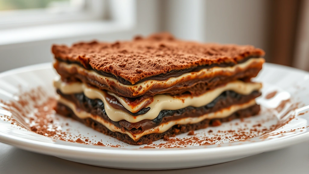 hero: chocolate lasagna on white plate, creamy layers visible, dusted with cocoa powder, photorealistic, natural window light, no text, elegant plating